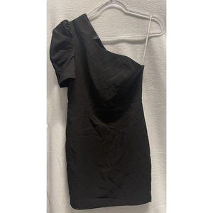 Lulus Dress Womens L Black Stay Gorgeous One-Shoulder Puff Sleeve Mini LBD